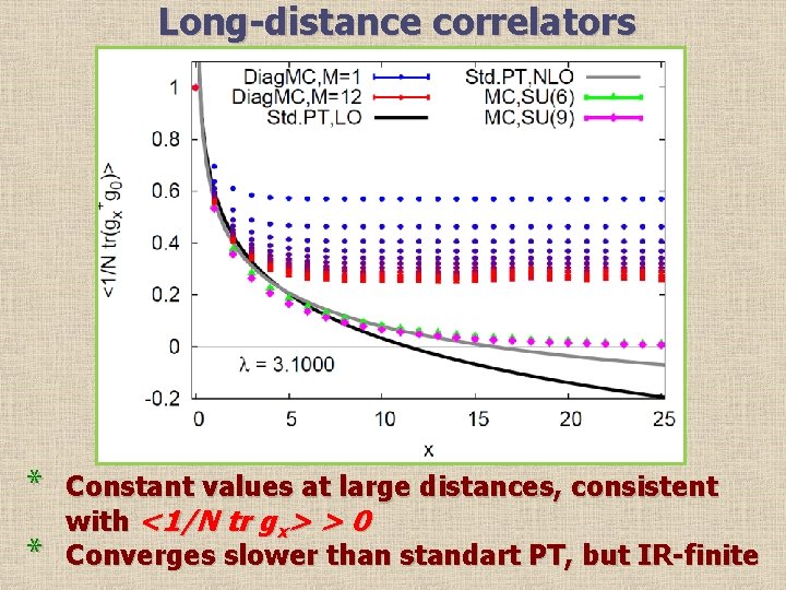 Long-distance correlators * * Constant values at large distances, consistent with <1/N tr gx>