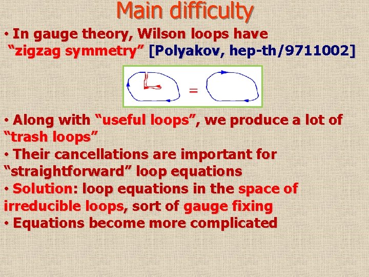 Main difficulty • In gauge theory, Wilson loops have “zigzag symmetry” [Polyakov, hep-th/9711002] •