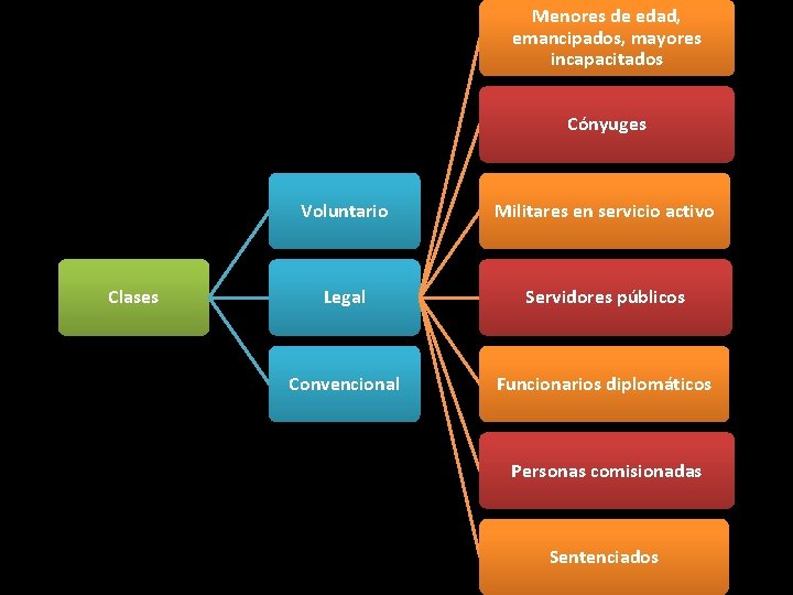 Menores de edad, emancipados, mayores incapacitados Cónyuges Clases Voluntario Militares en servicio activo Legal