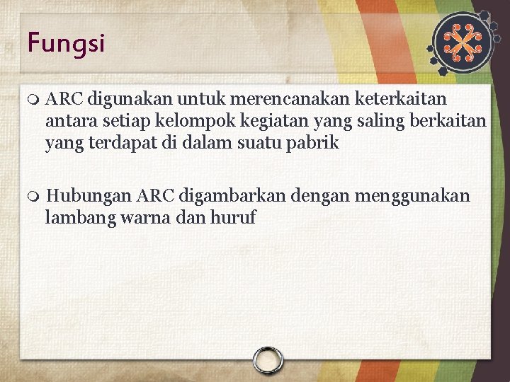 Fungsi ARC digunakan untuk merencanakan keterkaitan antara setiap kelompok kegiatan yang saling berkaitan yang