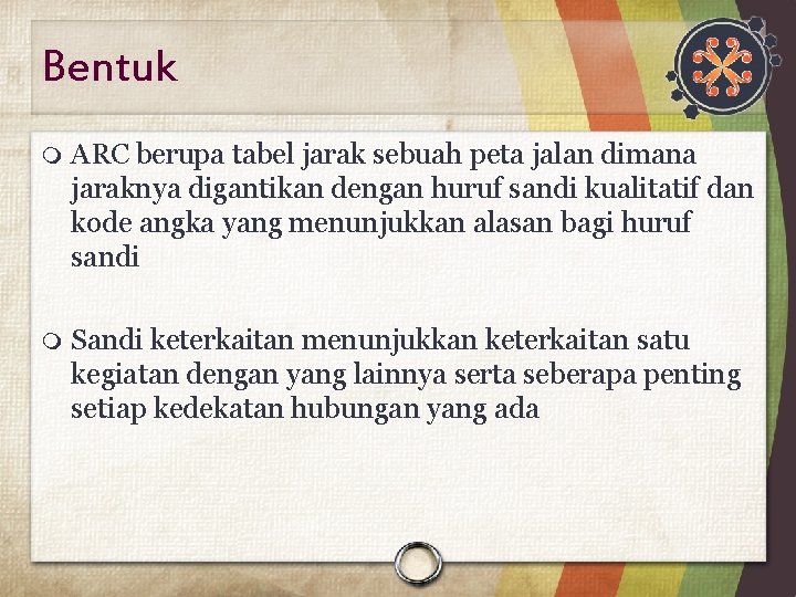 Bentuk ARC berupa tabel jarak sebuah peta jalan dimana jaraknya digantikan dengan huruf sandi