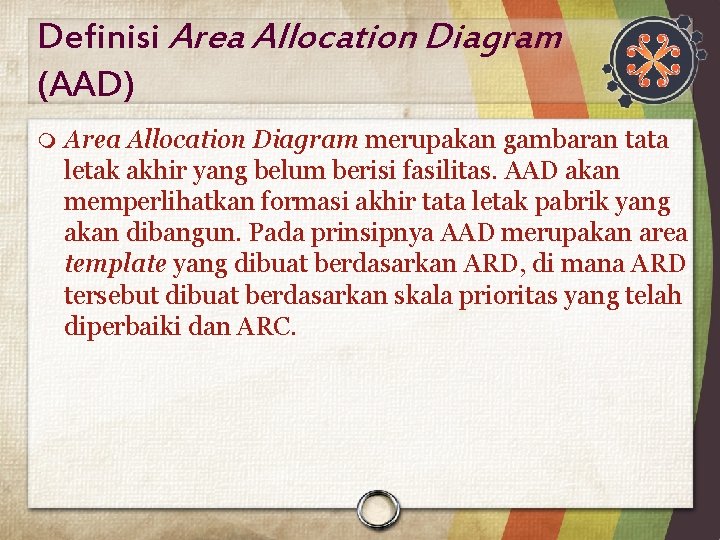 Definisi Area Allocation Diagram (AAD) Area Allocation Diagram merupakan gambaran tata letak akhir yang