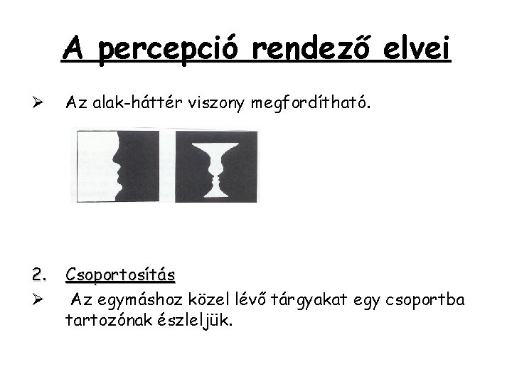 A percepció rendező elvei Ø Az alak-háttér viszony megfordítható. 2. Ø Csoportosítás Az egymáshoz