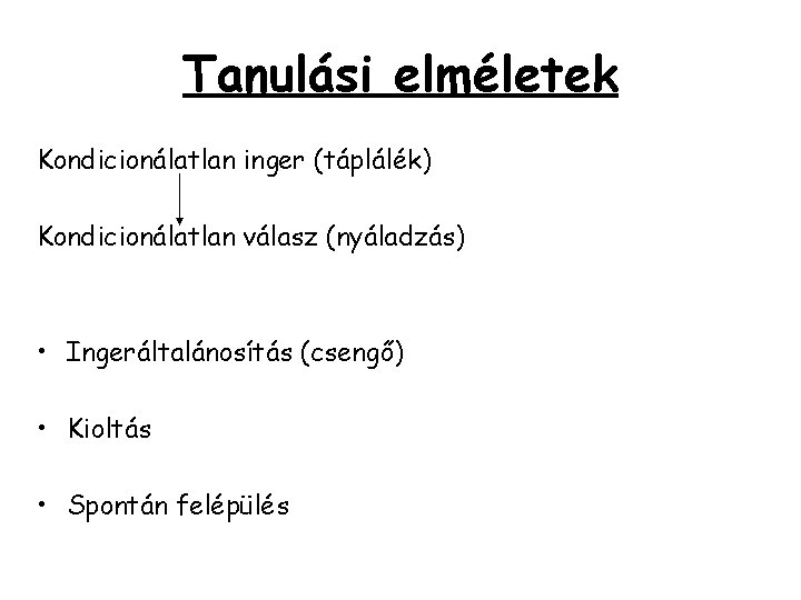 Tanulási elméletek Kondicionálatlan inger (táplálék) Kondicionálatlan válasz (nyáladzás) • Ingeráltalánosítás (csengő) • Kioltás •