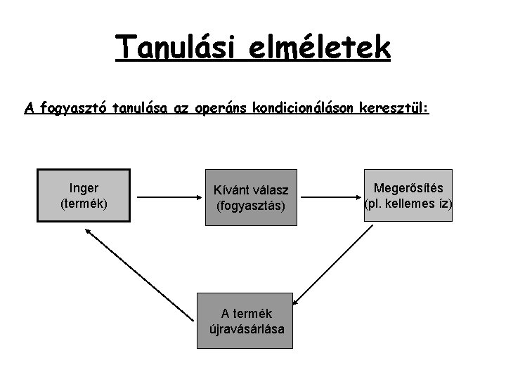 Tanulási elméletek A fogyasztó tanulása az operáns kondicionáláson keresztül: Inger (termék) Kívánt válasz (fogyasztás) Tanulási elméletek A fogyasztó tanulása az operáns kondicionáláson keresztül: Inger (termék) Kívánt válasz (fogyasztás)