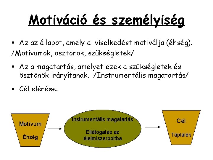 Motiváció és személyiség § Az az állapot, amely a viselkedést motiválja (éhség). /Motívumok, ösztönök,