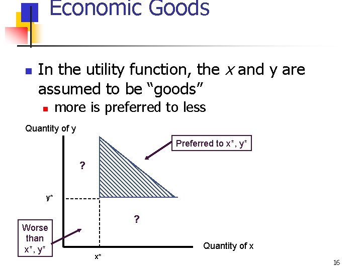Economic Goods n In the utility function, the x and y are assumed to