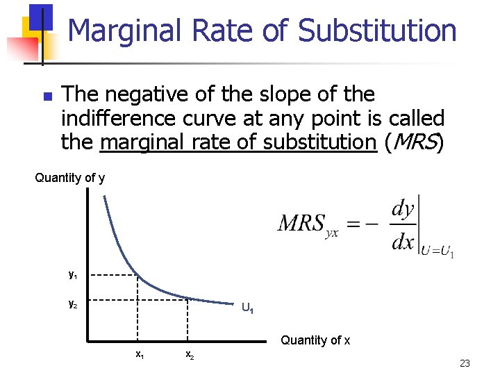 Marginal Rate of Substitution n The negative of the slope of the indifference curve