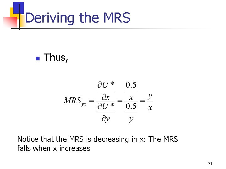 Deriving the MRS n Thus, Notice that the MRS is decreasing in x: The