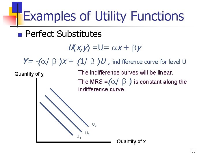 Examples of Utility Functions n Perfect Substitutes U(x, y) =U= x + y Y=