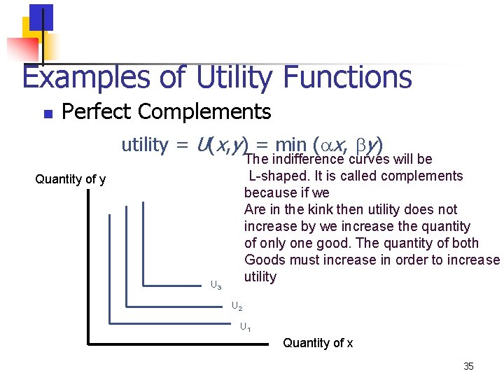 Examples of Utility Functions n Perfect Complements utility = U(x, y) = min (