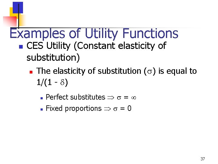 Examples of Utility Functions n CES Utility (Constant elasticity of substitution) n The elasticity