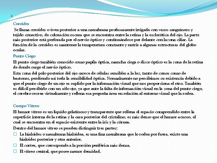 4 Coroides Se llama coroides o úvea posterior a una membrana profusamente irrigada con