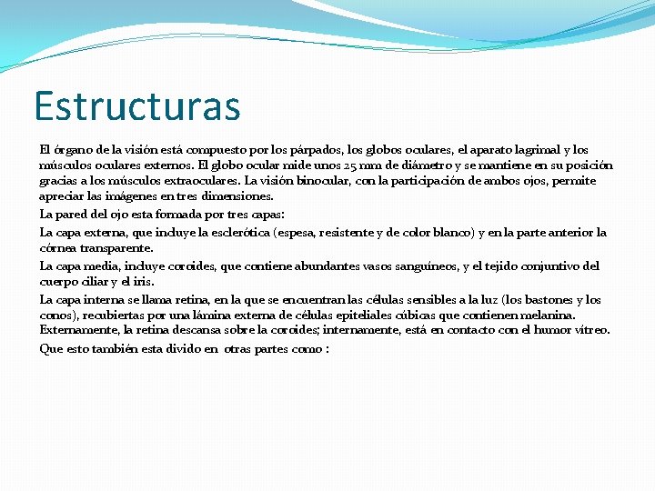 Estructuras El órgano de la visión está compuesto por los párpados, los globos oculares,