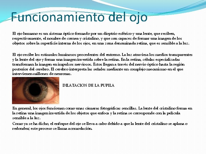 Funcionamiento del ojo El ojo humano es un sistema óptico formado por un dioptrio