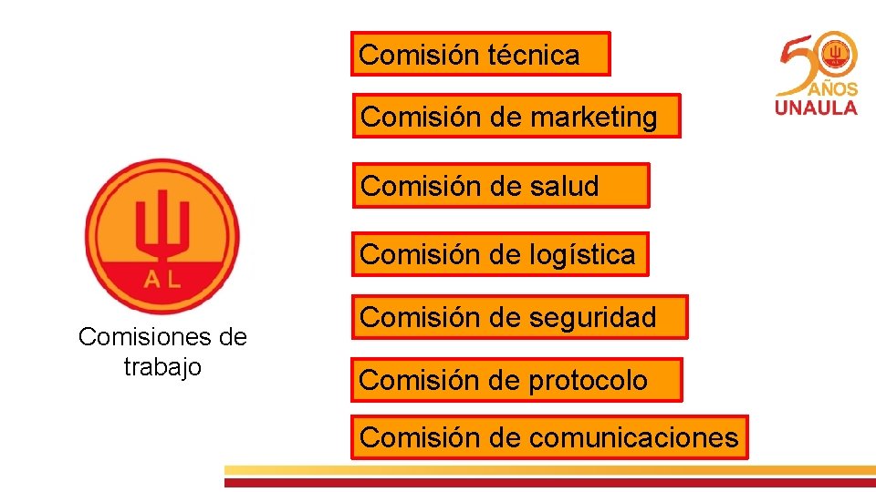 Comisión técnica Comisión de marketing Comisión de salud Comisión de logística Comisiones de trabajo