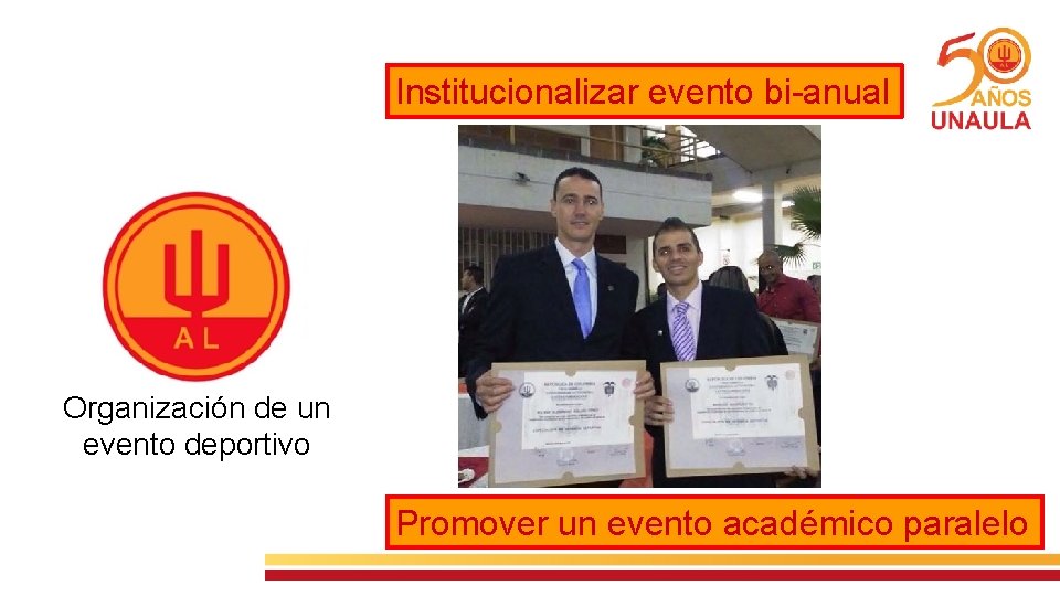 Institucionalizar evento bi-anual Organización de un evento deportivo Promover un evento académico paralelo 