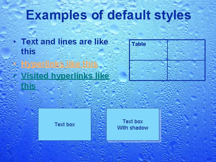 Examples of default styles • Text and lines are like this • Hyperlinks like