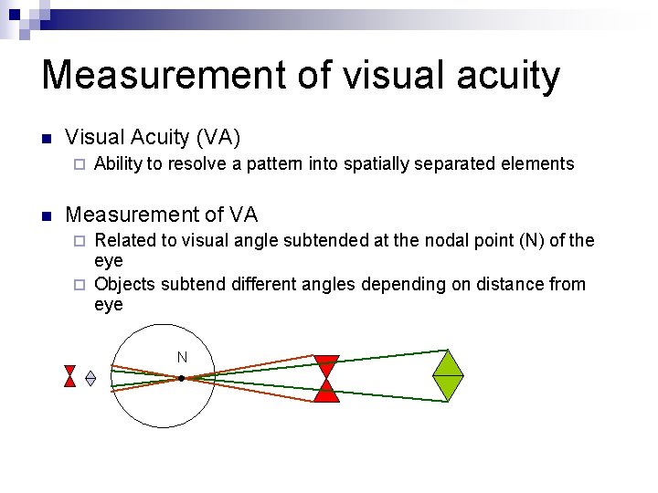 Measurement of visual acuity n Visual Acuity (VA) ¨ n Ability to resolve a