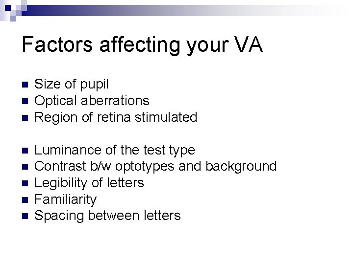 Factors affecting your VA n n n n Size of pupil Optical aberrations Region