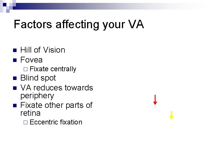 Factors affecting your VA n n Hill of Vision Fovea ¨ Fixate n n