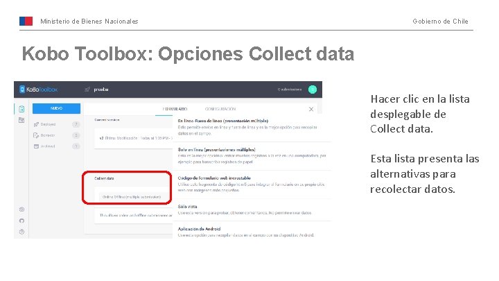 Ministerio de Bienes Nacionales Gobierno de Chile Kobo Toolbox: Opciones Collect data Hacer clic
