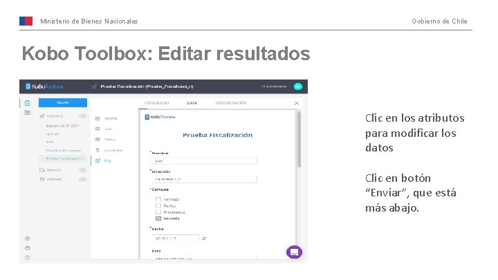Ministerio de Bienes Nacionales Gobierno de Chile Kobo Toolbox: Editar resultados Clic en los