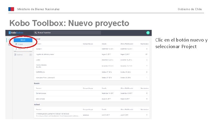 Ministerio de Bienes Nacionales Gobierno de Chile Kobo Toolbox: Nuevo proyecto Clic en el