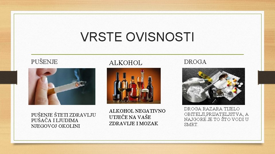 VRSTE OVISNOSTI PUŠENJE ŠTETI ZDRAVLJU PUŠAČA I LJUDIMA NJEGOVOJ OKOLINI ALKOHOL DROGA ALKOHOL NEGATIVNO