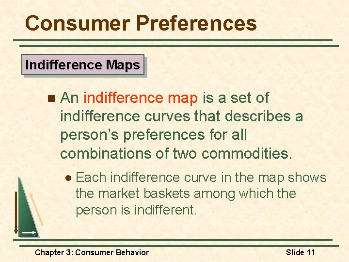 Consumer Preferences Indifference Maps n An indifference map is a set of indifference curves