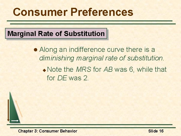 Consumer Preferences Marginal Rate of Substitution l Along an indifference curve there is a