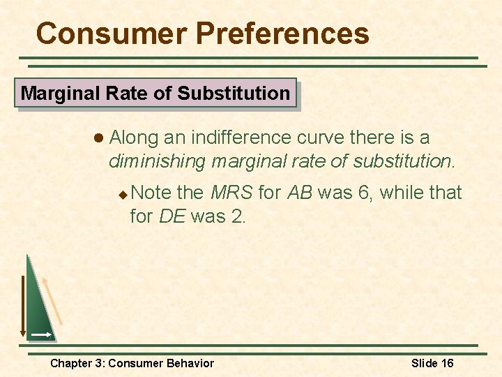 Consumer Preferences Marginal Rate of Substitution l Along an indifference curve there is a Consumer Preferences Marginal Rate of Substitution l Along an indifference curve there is a