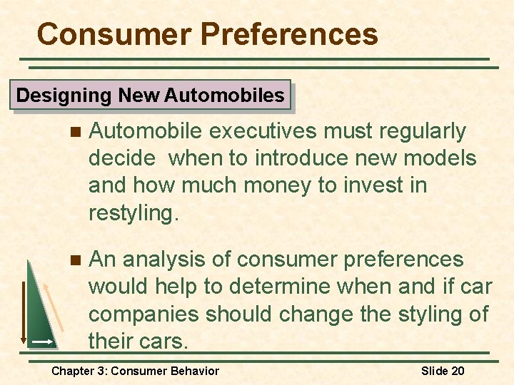 Consumer Preferences Designing New Automobiles n Automobile executives must regularly decide when to introduce