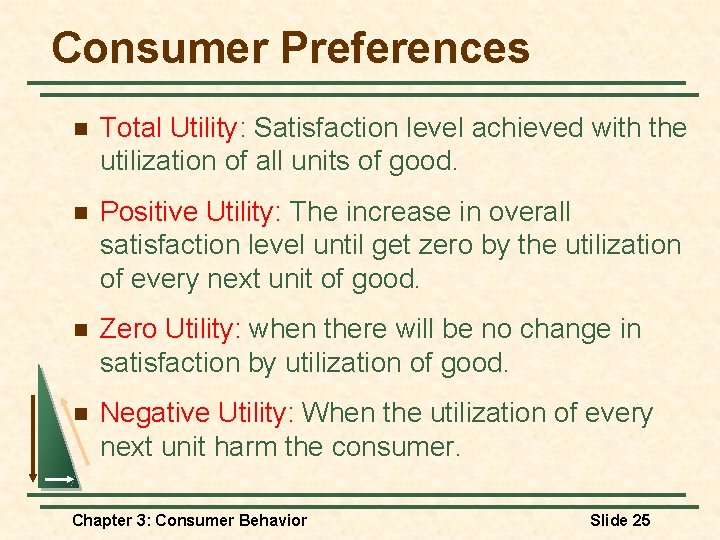 Consumer Preferences n Total Utility: Satisfaction level achieved with the utilization of all units Consumer Preferences n Total Utility: Satisfaction level achieved with the utilization of all units