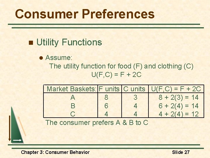 Consumer Preferences n Utility Functions l Assume: The utility function for food (F) and