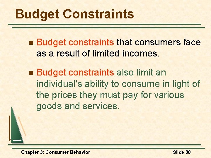Budget Constraints n Budget constraints that consumers face as a result of limited incomes. Budget Constraints n Budget constraints that consumers face as a result of limited incomes.