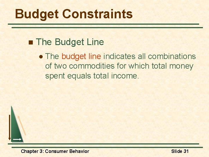 Budget Constraints n The Budget Line l The budget line indicates all combinations of