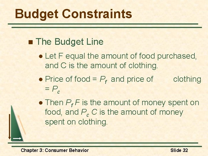 Budget Constraints n The Budget Line l Let F equal the amount of food
