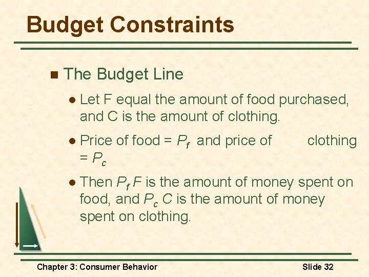 Budget Constraints n The Budget Line l Let F equal the amount of food Budget Constraints n The Budget Line l Let F equal the amount of food