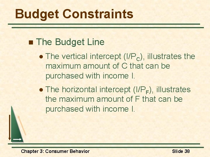 Budget Constraints n The Budget Line l The vertical intercept (I/PC), illustrates the maximum