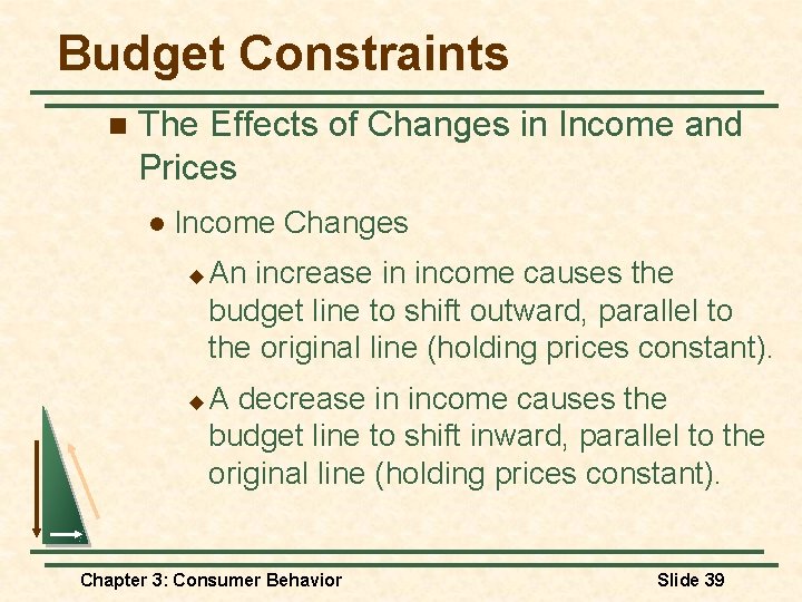 Budget Constraints n The Effects of Changes in Income and Prices l Income Changes Budget Constraints n The Effects of Changes in Income and Prices l Income Changes