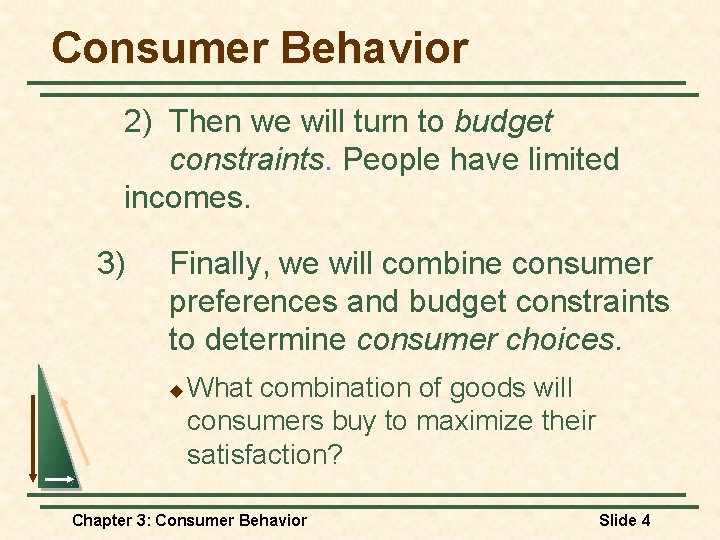 Consumer Behavior 2) Then we will turn to budget constraints. People have limited incomes.