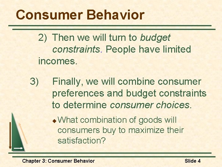 Consumer Behavior 2) Then we will turn to budget constraints. People have limited incomes. Consumer Behavior 2) Then we will turn to budget constraints. People have limited incomes.