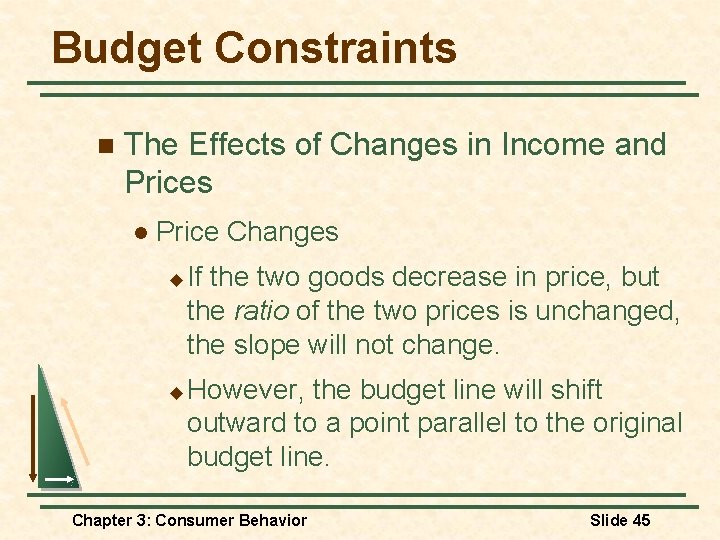 Budget Constraints n The Effects of Changes in Income and Prices l Price Changes