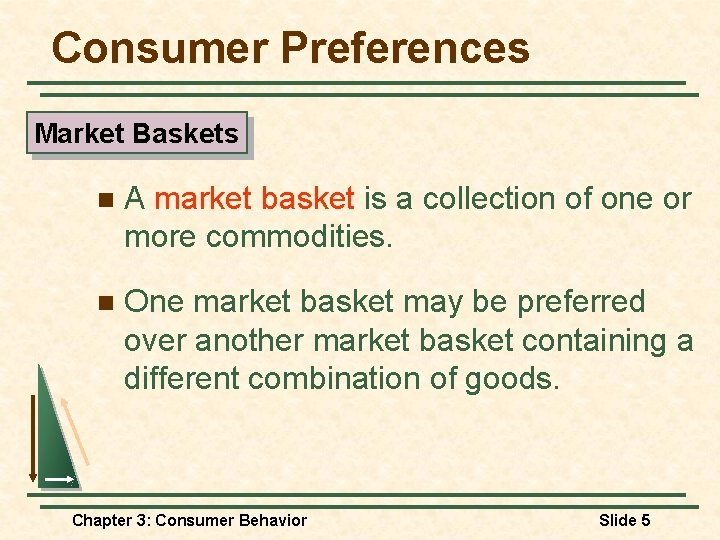 Consumer Preferences Market Baskets n A market basket is a collection of one or