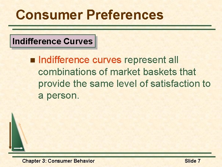 Consumer Preferences Indifference Curves n Indifference curves represent all combinations of market baskets that Consumer Preferences Indifference Curves n Indifference curves represent all combinations of market baskets that