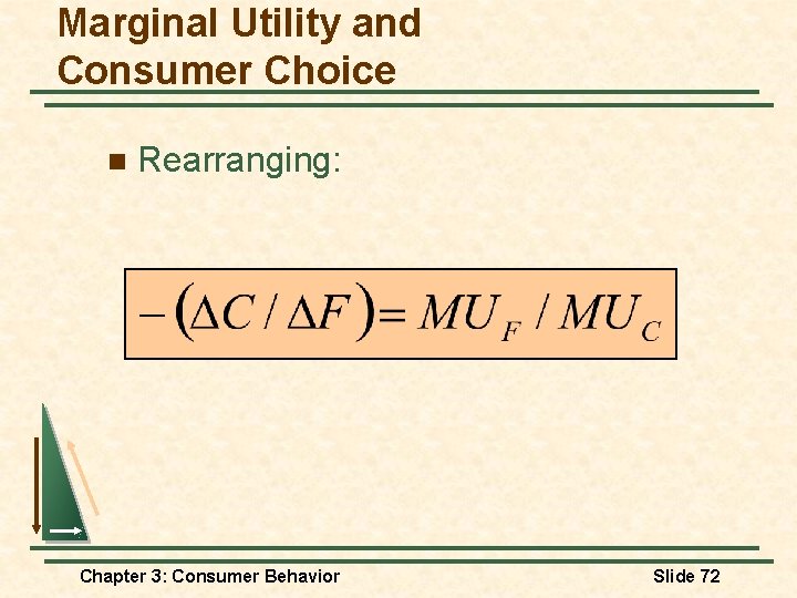 Marginal Utility and Consumer Choice n Rearranging: Chapter 3: Consumer Behavior Slide 72 