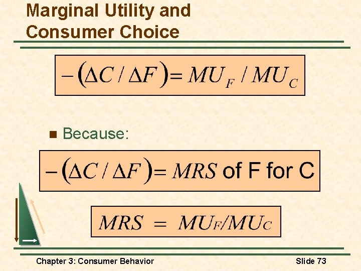 Marginal Utility and Consumer Choice n Because: Chapter 3: Consumer Behavior Slide 73 Marginal Utility and Consumer Choice n Because: Chapter 3: Consumer Behavior Slide 73