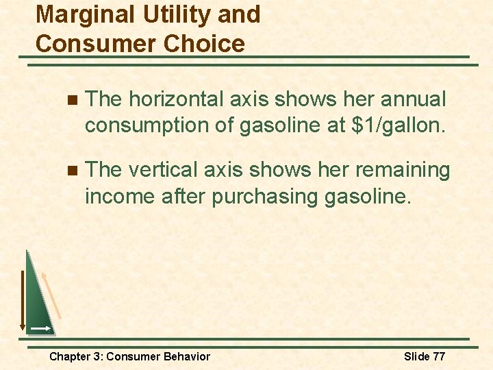 Marginal Utility and Consumer Choice n The horizontal axis shows her annual consumption of