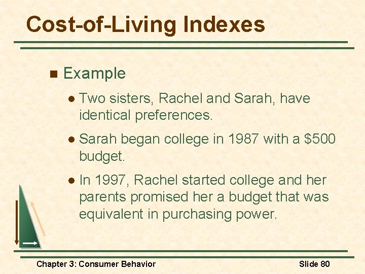 Cost-of-Living Indexes n Example l Two sisters, Rachel and Sarah, have identical preferences. l Cost-of-Living Indexes n Example l Two sisters, Rachel and Sarah, have identical preferences. l